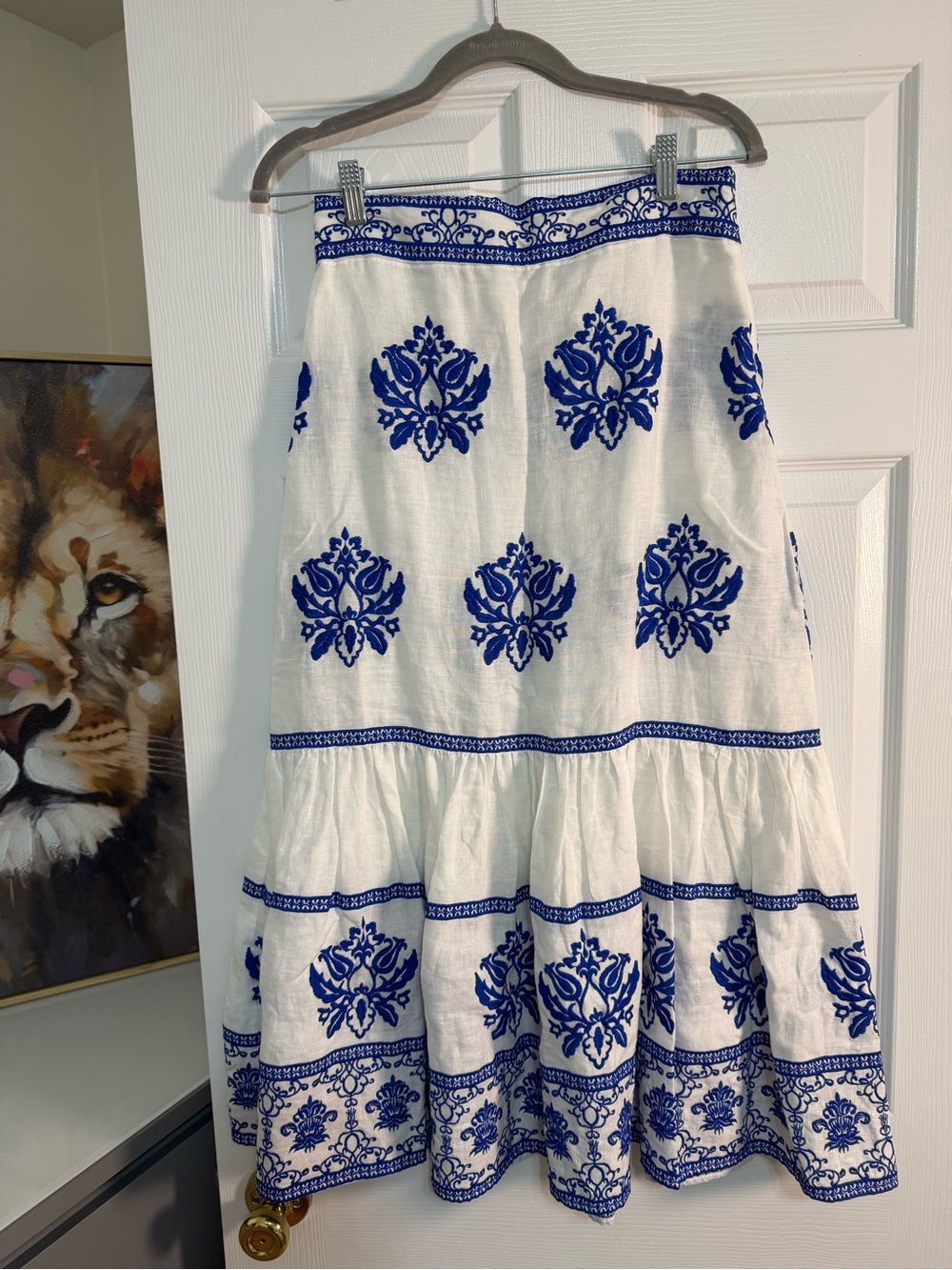Zara White Midi Skirt with Blue Embroidery